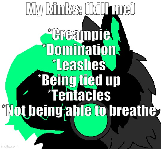 Y O U R W E L C O M E | My kinks: (kill me); *Creampie
*Domination
*Leashes
*Being tied up
*Tentacles
*Not being able to breathe | image tagged in green tea shook | made w/ Imgflip meme maker