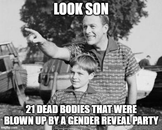 Gender reveal party | LOOK SON; 21 DEAD BODIES THAT WERE BLOWN UP BY A GENDER REVEAL PARTY | image tagged in memes,look son | made w/ Imgflip meme maker