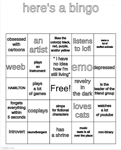 here you go | here's a bingo; likes the color(s) black, red, purple, and/or yellow; an artist; owns a lot of stuffed animals; obsessed with cartoons; listens to lofi; " i have no idea how i'm still living"; weeb; depressed; emo; plays an instrument; revelry in the dark; HAMILTON; is the leader of the friend group; plays a lot of games; forgets everything within 5 seconds; cosplays; watches a lot of youtube; loves cats; simps for fictional characters; neurodivergent; non-binary; introvert; has a shrine; music taste is all over the place | image tagged in blank bingo | made w/ Imgflip meme maker