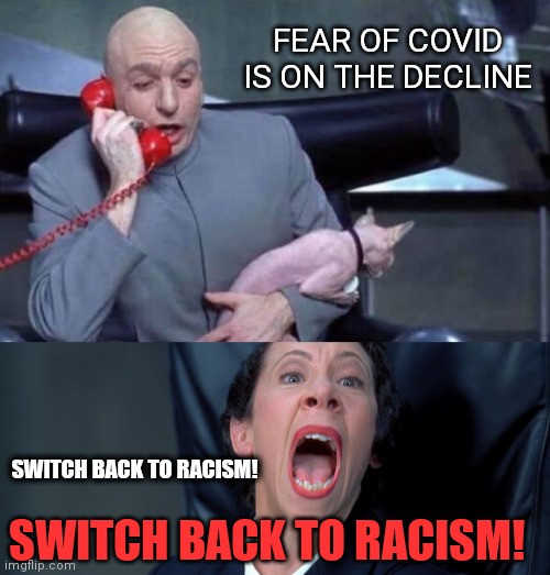 Dr Evil and Frau | FEAR OF COVID IS ON THE DECLINE; SWITCH BACK TO RACISM! SWITCH BACK TO RACISM! | image tagged in dr evil and frau,racism,covid,memes,funny | made w/ Imgflip meme maker
