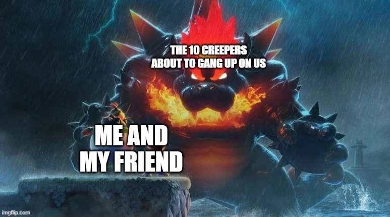 Bowser's Fury | THE 10 CREEPERS ABOUT TO GANG UP ON US; ME AND MY FRIEND | image tagged in bowser's fury | made w/ Imgflip meme maker