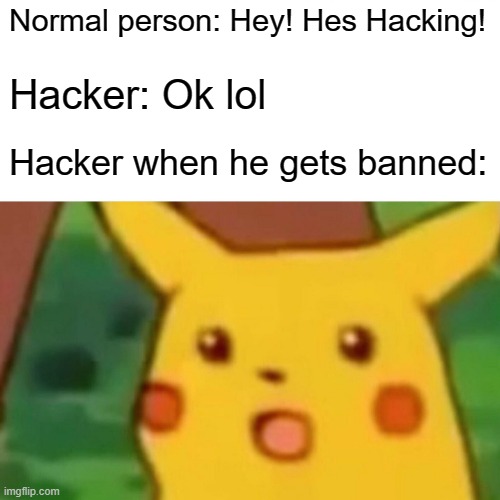 Lol | Normal person: Hey! Hes Hacking! Hacker: Ok lol; Hacker when he gets banned: | image tagged in memes,surprised pikachu | made w/ Imgflip meme maker