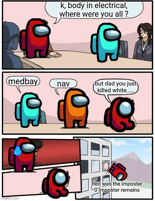 imagen this happening |  k, body in electrical, where were you all ? medbay; nav; but dad you just killed white..... Red was the imposter
0 imposter remains | image tagged in memes,boardroom meeting suggestion | made w/ Imgflip meme maker