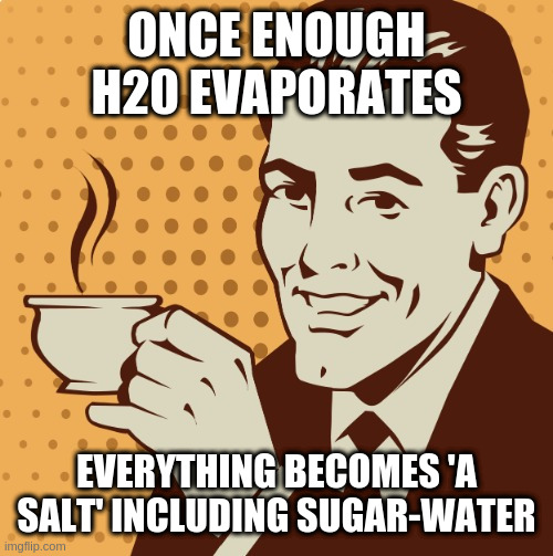 Mug approval | ONCE ENOUGH H20 EVAPORATES EVERYTHING BECOMES 'A SALT' INCLUDING SUGAR-WATER | image tagged in mug approval | made w/ Imgflip meme maker