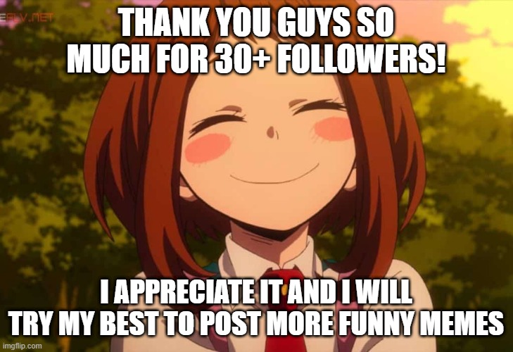 for all of you guys that are following me: thank you! | THANK YOU GUYS SO MUCH FOR 30+ FOLLOWERS! I APPRECIATE IT AND I WILL TRY MY BEST TO POST MORE FUNNY MEMES | image tagged in smiling uraraka,thank you,followers | made w/ Imgflip meme maker