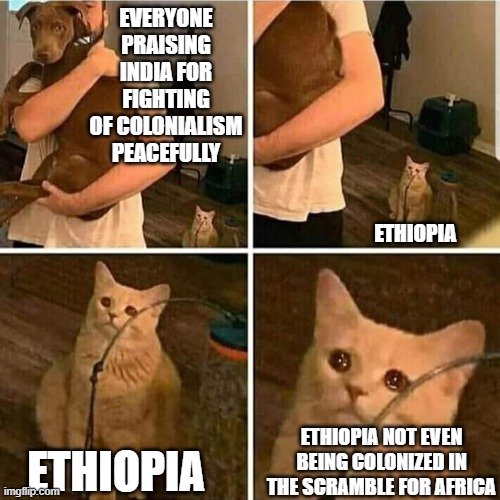i didnt get a country for the dog so i chose one | EVERYONE PRAISING INDIA FOR FIGHTING OF COLONIALISM PEACEFULLY; ETHIOPIA; ETHIOPIA NOT EVEN BEING COLONIZED IN THE SCRAMBLE FOR AFRICA; ETHIOPIA | image tagged in sad cat holding dog,history | made w/ Imgflip meme maker