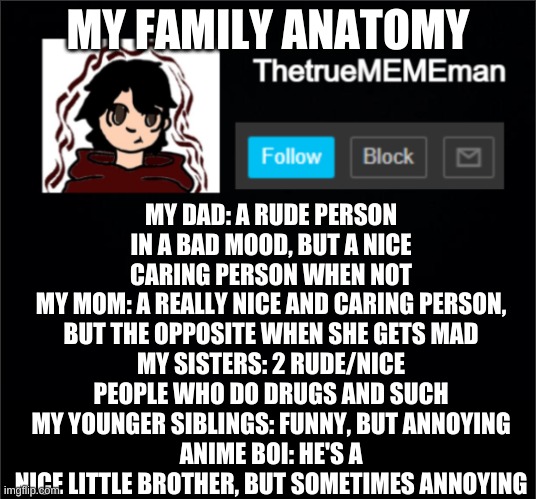 sorry for making it that long- | MY FAMILY ANATOMY; MY DAD: A RUDE PERSON IN A BAD MOOD, BUT A NICE CARING PERSON WHEN NOT
MY MOM: A REALLY NICE AND CARING PERSON, BUT THE OPPOSITE WHEN SHE GETS MAD
MY SISTERS: 2 RUDE/NICE PEOPLE WHO DO DRUGS AND SUCH
MY YOUNGER SIBLINGS: FUNNY, BUT ANNOYING
ANIME BOI: HE'S A NICE LITTLE BROTHER, BUT SOMETIMES ANNOYING | image tagged in thetruemememan announcement | made w/ Imgflip meme maker