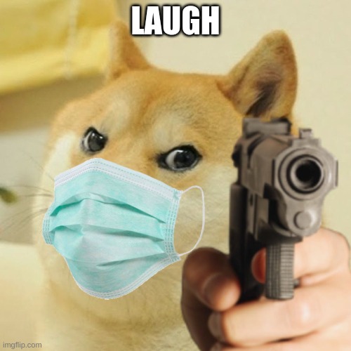 laugh (pt18) ((doge is gunpointing u outside, ignore the bg)) | LAUGH | image tagged in doge holding a gun | made w/ Imgflip meme maker