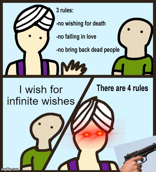 Genie Rules Meme | I wish for infinite wishes | image tagged in genie rules meme,guns,wishes | made w/ Imgflip meme maker