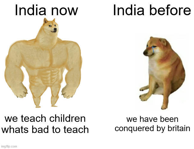 Buff Doge vs. Cheems | India now; India before; we teach children whats bad to teach; we have been conquered by britain | image tagged in memes,buff doge vs cheems | made w/ Imgflip meme maker