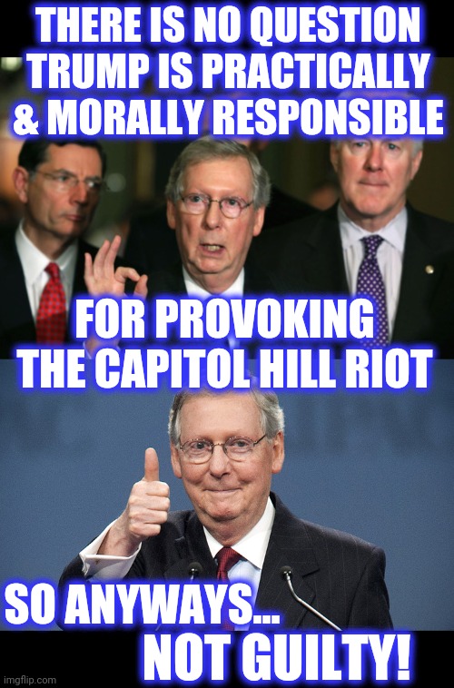 THERE IS NO QUESTION
TRUMP IS PRACTICALLY
& MORALLY RESPONSIBLE FOR PROVOKING THE CAPITOL HILL RIOT SO ANYWAYS... NOT GUILTY! | image tagged in mitch mcconnell zero,mitch mcconnell | made w/ Imgflip meme maker