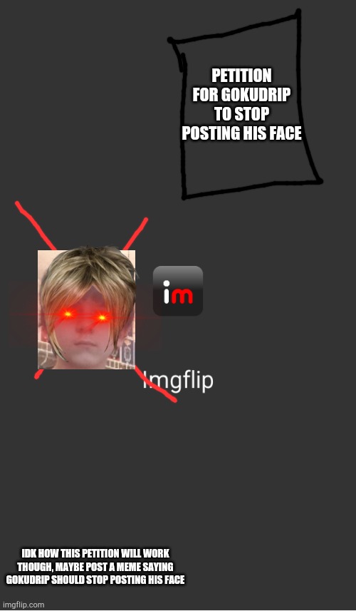 PETITION FOR GOKUDRIP TO STOP POSTING HIS FACE; IDK HOW THIS PETITION WILL WORK THOUGH, MAYBE POST A MEME SAYING GOKUDRIP SHOULD STOP POSTING HIS FACE | image tagged in petition | made w/ Imgflip meme maker
