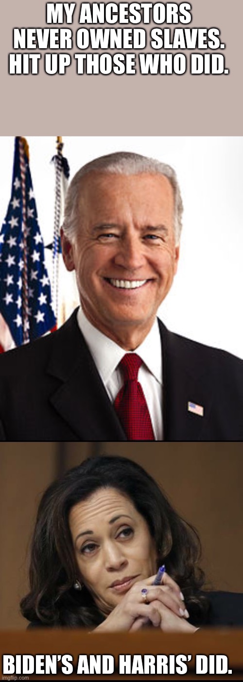 MY ANCESTORS NEVER OWNED SLAVES. HIT UP THOSE WHO DID. BIDEN’S AND HARRIS’ DID. | image tagged in memes,joe biden,kamala harris | made w/ Imgflip meme maker