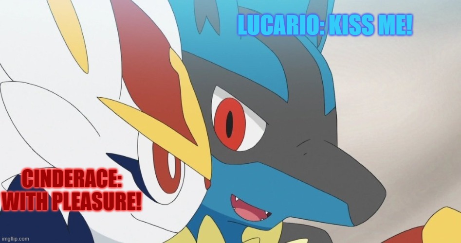 Lucario wants Cinderace to kiss him | LUCARIO: KISS ME! CINDERACE: WITH PLEASURE! | image tagged in cinderace,lucario,pokemon,pokemon sword and shield | made w/ Imgflip meme maker