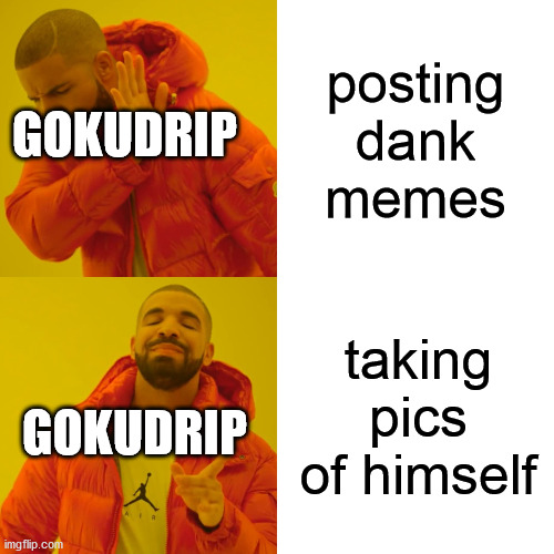 Yes | posting dank memes; GOKUDRIP; taking pics of himself; GOKUDRIP | image tagged in memes,drake hotline bling | made w/ Imgflip meme maker