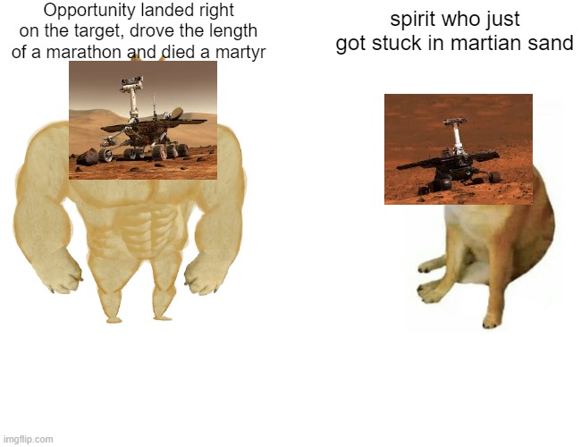 RIP Opportunity | Opportunity landed right on the target, drove the length of a marathon and died a martyr; spirit who just got stuck in martian sand | image tagged in memes,buff doge vs cheems,sad,space | made w/ Imgflip meme maker