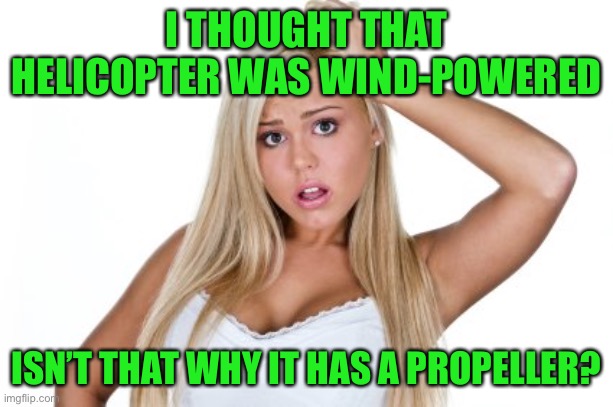 Dumb Blonde | I THOUGHT THAT HELICOPTER WAS WIND-POWERED ISN’T THAT WHY IT HAS A PROPELLER? | image tagged in dumb blonde | made w/ Imgflip meme maker