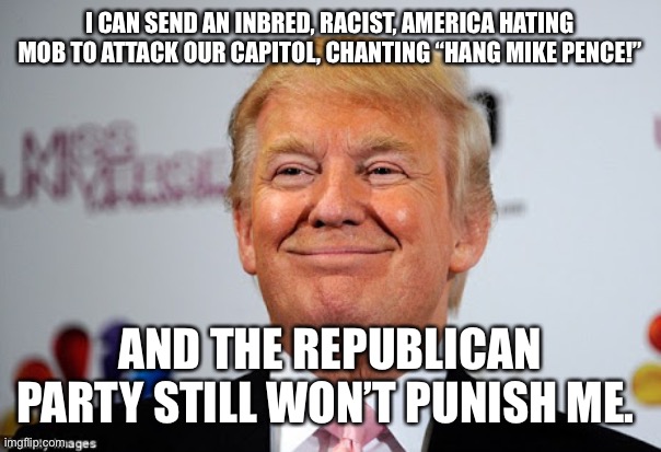 Donald trump approves | I CAN SEND AN INBRED, RACIST, AMERICA HATING MOB TO ATTACK OUR CAPITOL, CHANTING “HANG MIKE PENCE!”; AND THE REPUBLICAN PARTY STILL WON’T PUNISH ME. | image tagged in donald trump approves | made w/ Imgflip meme maker