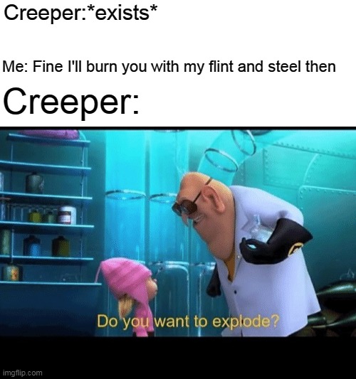Do you want to explode | Creeper:*exists*; Me: Fine I'll burn you with my flint and steel then; Creeper: | image tagged in do you want to explode | made w/ Imgflip meme maker