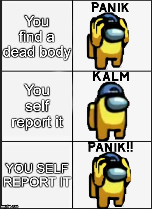 Among us noobs | You find a dead body; You self report it; YOU SELF REPORT IT | image tagged in among us panik | made w/ Imgflip meme maker