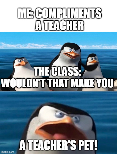 this is so true | ME: COMPLIMENTS A TEACHER; THE CLASS: WOULDN'T THAT MAKE YOU; A TEACHER'S PET! | image tagged in wouldnt that make you | made w/ Imgflip meme maker