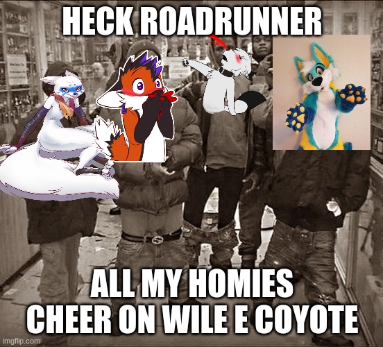 Heck that mutated blueberry | HECK ROADRUNNER; ALL MY HOMIES CHEER ON WILE E COYOTE | image tagged in all my homies hate | made w/ Imgflip meme maker