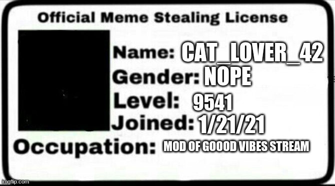 Meme Stealing License | CAT_LOVER_42; NOPE; 9541; 1/21/21; MOD OF GOOD VIBES STREAM | image tagged in meme stealing license | made w/ Imgflip meme maker