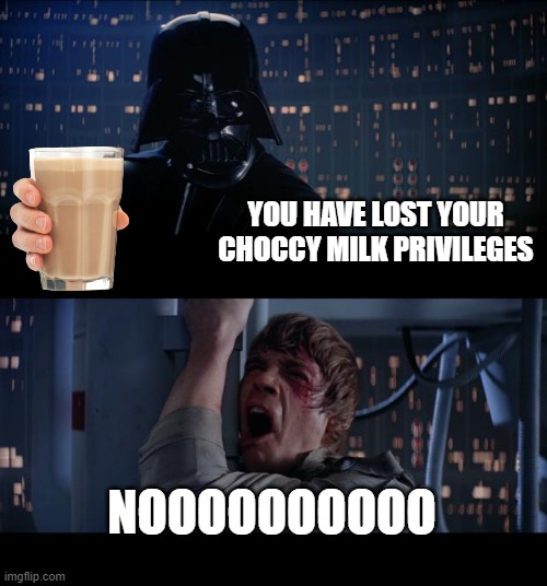 Star Wars No Meme | YOU HAVE LOST YOUR CHOCCY MILK PRIVILEGES; NOOOOOOOOOO | image tagged in memes,star wars no | made w/ Imgflip meme maker