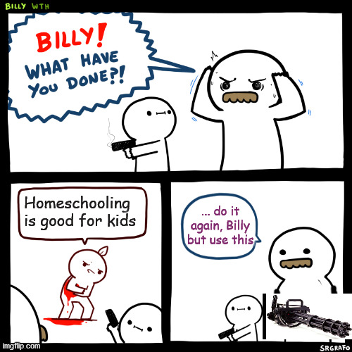 Billy, What Have You Done | Homeschooling is good for kids; ... do it again, Billy but use this | image tagged in billy what have you done | made w/ Imgflip meme maker