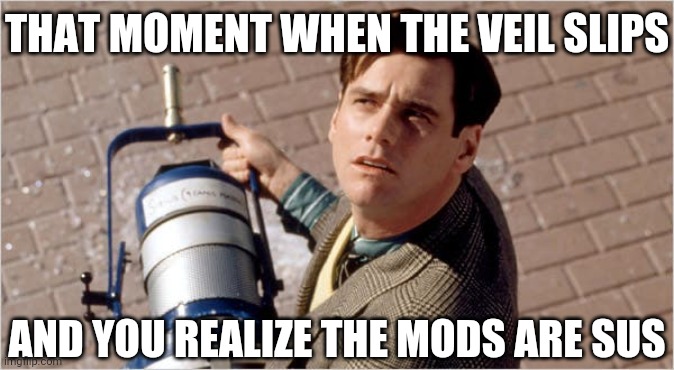srsly | THAT MOMENT WHEN THE VEIL SLIPS; AND YOU REALIZE THE MODS ARE SUS | image tagged in mods,sus,manipulation,shadowban,srsly,never gonna give you up | made w/ Imgflip meme maker