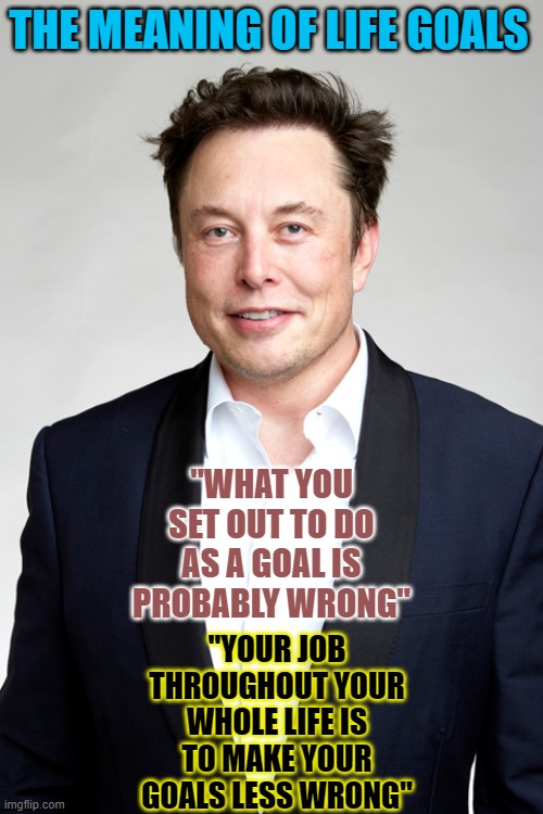 Elon Musk's Simple effective Motivational Slogans | THE MEANING OF LIFE GOALS; "WHAT YOU SET OUT TO DO AS A GOAL IS PROBABLY WRONG"; "YOUR JOB THROUGHOUT YOUR WHOLE LIFE IS TO MAKE YOUR GOALS LESS WRONG" | image tagged in elon musk,space x,space,astronomy | made w/ Imgflip meme maker