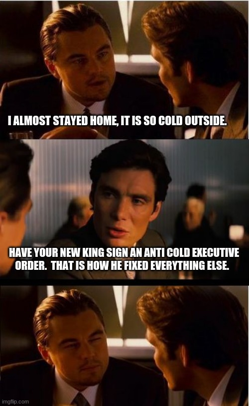 Save us China Joe | I ALMOST STAYED HOME, IT IS SO COLD OUTSIDE. HAVE YOUR NEW KING SIGN AN ANTI COLD EXECUTIVE ORDER.  THAT IS HOW HE FIXED EVERYTHING ELSE. | image tagged in memes,inception,save us china joe,executive order,no need for a congress,global warm us already | made w/ Imgflip meme maker