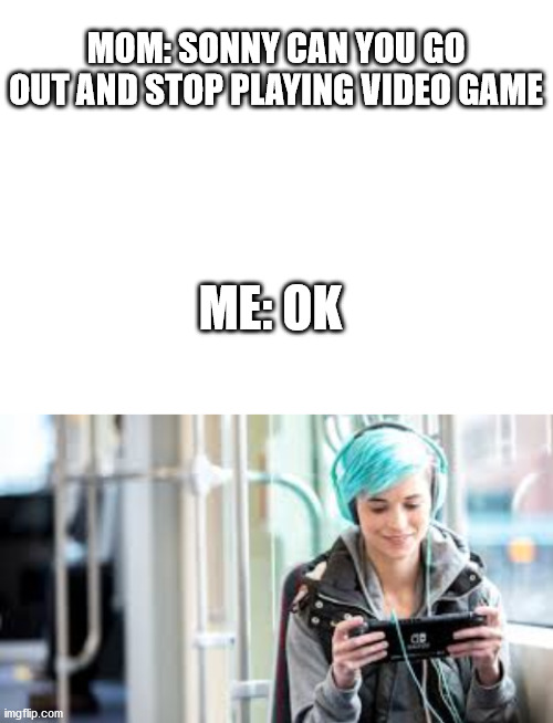 thanks Nintendo | MOM: SONNY CAN YOU GO OUT AND STOP PLAYING VIDEO GAME; ME: OK | image tagged in video games,memes | made w/ Imgflip meme maker