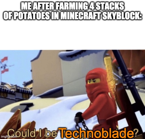 Hmm... | ME AFTER FARMING 4 STACKS OF POTATOES IN MINECRAFT SKYBLOCK:; Technoblade | image tagged in could i be the green ninja,technoblade,minecraft,gifs,haha tags go brrr,skyblock | made w/ Imgflip meme maker