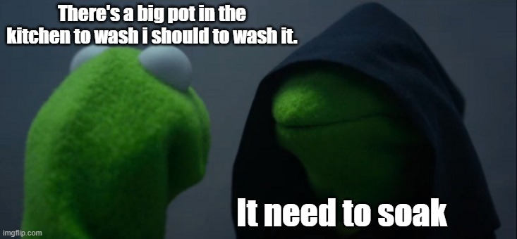 i should to wash | There's a big pot in the kitchen to wash i should to wash it. It need to soak | image tagged in memes,evil kermit | made w/ Imgflip meme maker