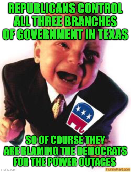 Texas Republicans: We are in charge unless something makes us look bad, then it’s the libs! | REPUBLICANS CONTROL ALL THREE BRANCHES OF GOVERNMENT IN TEXAS; SO OF COURSE THEY ARE BLAMING THE DEMOCRATS FOR THE POWER OUTAGES | image tagged in crying republican | made w/ Imgflip meme maker