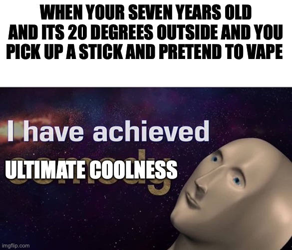 spitting more fax | WHEN YOUR SEVEN YEARS OLD AND ITS 20 DEGREES OUTSIDE AND YOU PICK UP A STICK AND PRETEND TO VAPE; ULTIMATE COOLNESS | image tagged in i have achieved comedy,cool | made w/ Imgflip meme maker