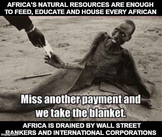 Africa world's wealthiest continent | AFRICA'S NATURAL RESOURCES ARE ENOUGH TO FEED, EDUCATE AND HOUSE EVERY AFRICAN; AFRICA IS DRAINED BY WALL STREET BANKERS AND INTERNATIONAL CORPORATIONS | image tagged in famine,starvation,change my mind | made w/ Imgflip meme maker