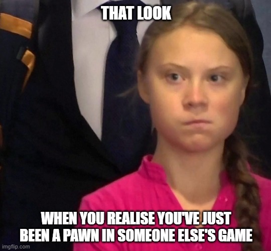 Greta | THAT LOOK; WHEN YOU REALISE YOU'VE JUST BEEN A PAWN IN SOMEONE ELSE'S GAME | image tagged in greta,greta thunberg,climate change | made w/ Imgflip meme maker