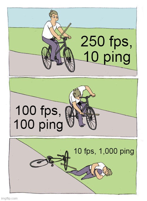 Bike Fall | 250 fps, 10 ping; 100 fps, 100 ping; 10 fps, 1,000 ping | image tagged in memes,bike fall,gaming,ping,fps,lag | made w/ Imgflip meme maker