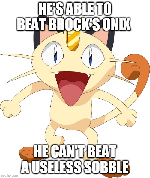 meowth memes 3 | HE'S ABLE TO BEAT BROCK'S ONIX; HE CAN'T BEAT A USELESS SOBBLE | image tagged in team rocket meowth,meow,team rocket,pokemon memes,pokemon,nintendo | made w/ Imgflip meme maker