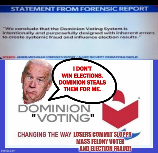 Nobody Forget This Was Allowed When The Civil War Comes | I DON'T WIN ELECTIONS. DOMINION STEALS
THEM FOR ME. "                   "; LOSERS COMMIT SLOPPY
       MASS FELONY VOTER
                AND ELECTION FRAUD! | image tagged in dominion voting systems,fraud,voter fraud,election fraud | made w/ Imgflip meme maker