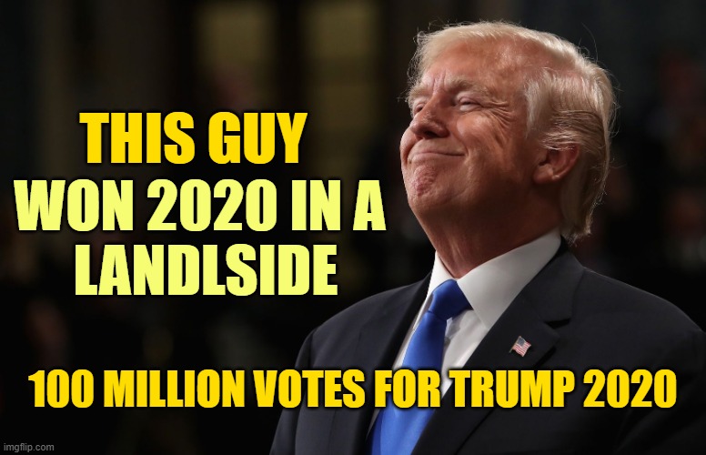 Triggered by this meme? Trump lives in your empty head rent free 24/7. | THIS GUY; WON 2020 IN A 
LANDLSIDE; 100 MILLION VOTES FOR TRUMP 2020 | image tagged in trump smiling | made w/ Imgflip meme maker