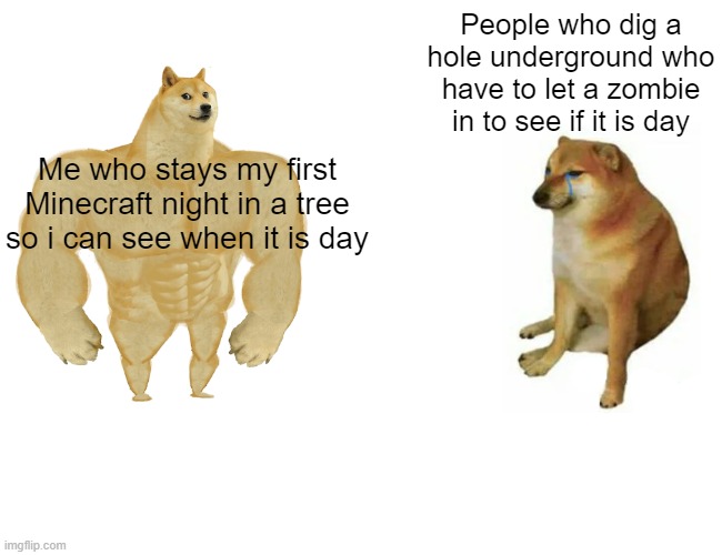 Buff Doge vs. Cheems Meme | People who dig a hole underground who have to let a zombie in to see if it is day; Me who stays my first Minecraft night in a tree so i can see when it is day | image tagged in memes,buff doge vs cheems | made w/ Imgflip meme maker