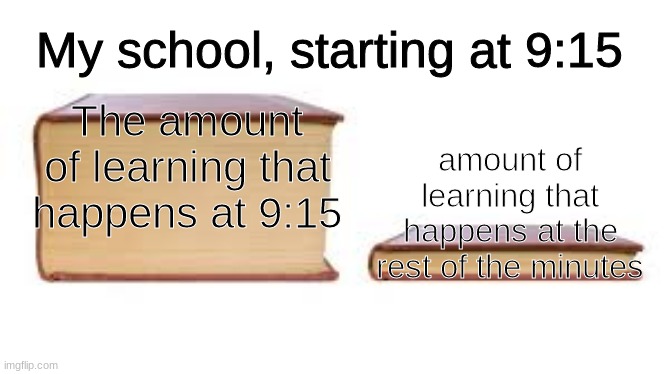 I am in school rn | My school, starting at 9:15; The amount of learning that happens at 9:15; amount of learning that happens at the rest of the minutes | image tagged in big book small book | made w/ Imgflip meme maker