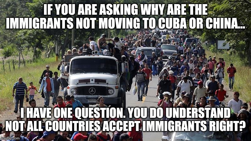 I tend to think the immigrants know more about America then it's natural citizens do. | IF YOU ARE ASKING WHY ARE THE IMMIGRANTS NOT MOVING TO CUBA OR CHINA... I HAVE ONE QUESTION. YOU DO UNDERSTAND NOT ALL COUNTRIES ACCEPT IMMIGRANTS RIGHT? | image tagged in illegal caravan | made w/ Imgflip meme maker