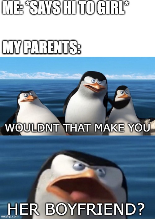 wouldnt that make you |  ME: *SAYS HI TO GIRL*; MY PARENTS:; WOULDNT THAT MAKE YOU; HER BOYFRIEND? | image tagged in wouldn't that make you | made w/ Imgflip meme maker