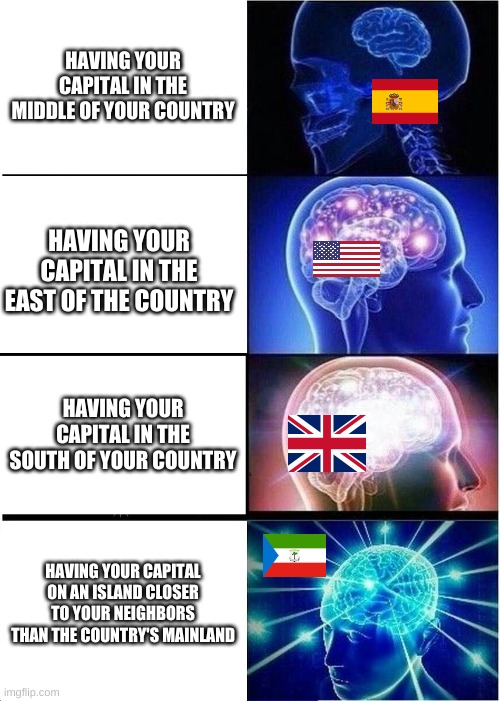 Expanding Brain Meme | HAVING YOUR CAPITAL IN THE MIDDLE OF YOUR COUNTRY; HAVING YOUR CAPITAL IN THE EAST OF THE COUNTRY; HAVING YOUR CAPITAL IN THE SOUTH OF YOUR COUNTRY; HAVING YOUR CAPITAL ON AN ISLAND CLOSER TO YOUR NEIGHBORS THAN THE COUNTRY'S MAINLAND | image tagged in memes,expanding brain | made w/ Imgflip meme maker