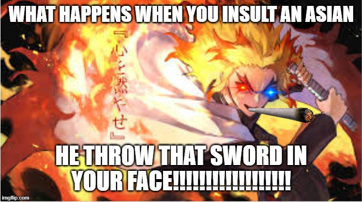 WHAT HAPPENS WHEN YOU INSULT AN ASIAN; HE THROW THAT SWORD IN YOUR FACE!!!!!!!!!!!!!!!!!! | image tagged in rengoku | made w/ Imgflip meme maker