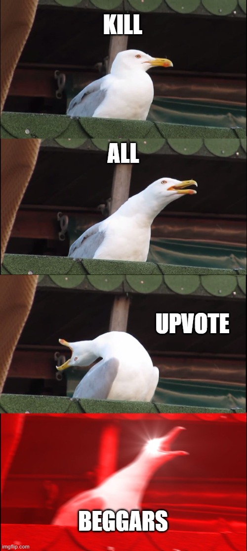 Inhaling Seagull Meme | KILL; ALL; UPVOTE; BEGGARS | image tagged in memes,inhaling seagull | made w/ Imgflip meme maker